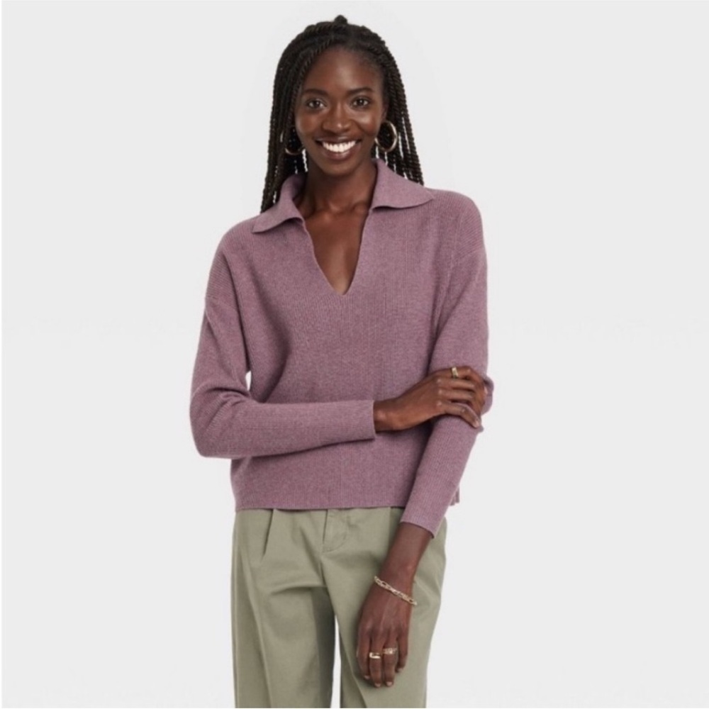 A New Day Collared V-Neck Polo Ribbed Pullover Sweater Size Small Purple Mauve - Picture 1 of 12